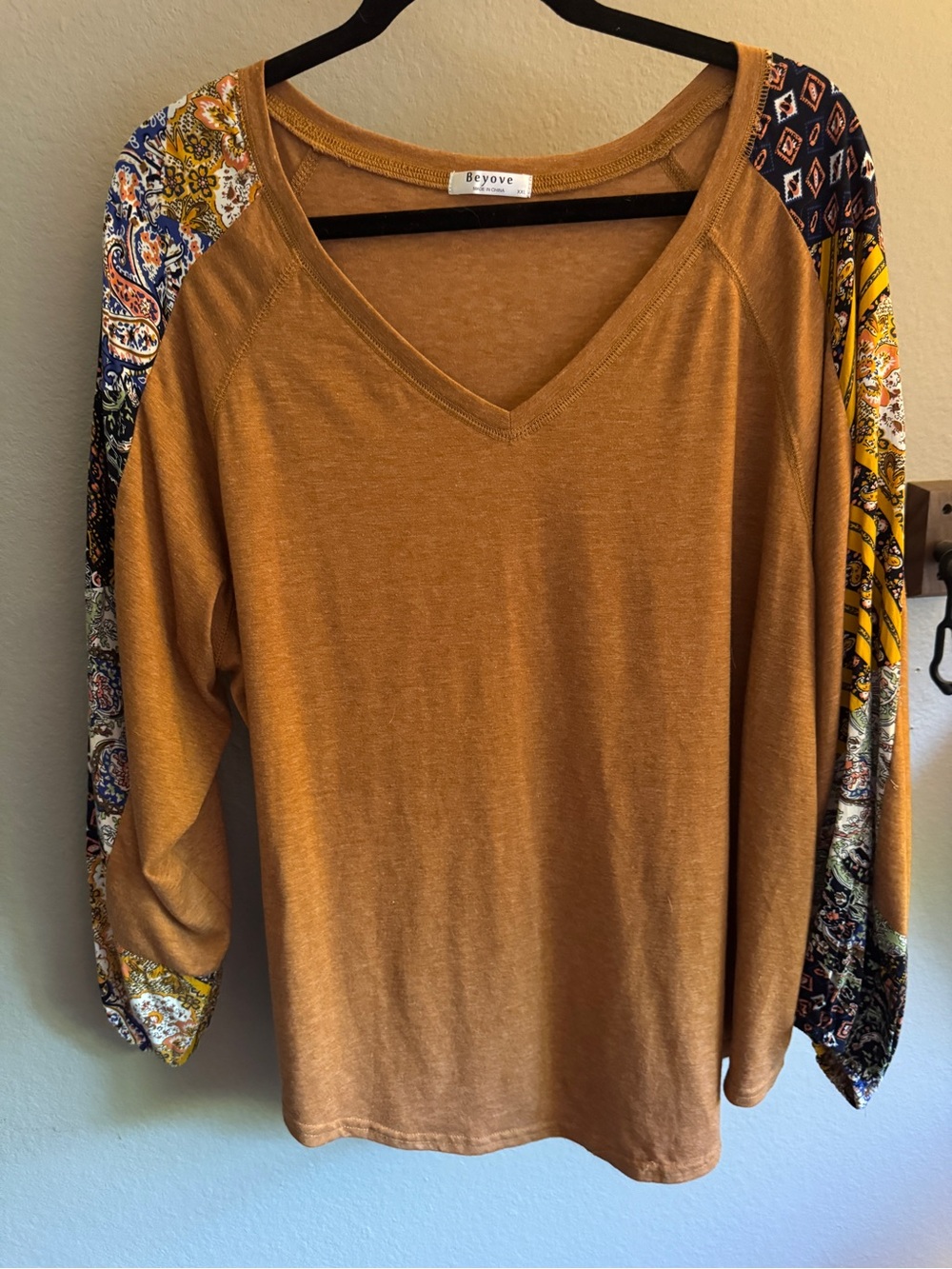 Women's V-Neck orangey-mustard Top with Patterned Long Sleeves